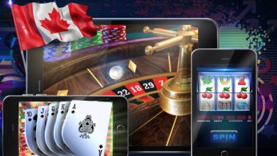 picture symbolizing gambling in canada: canadian flag, a deck of cards, a laptop and a smartphone with casino games displayed on the screens