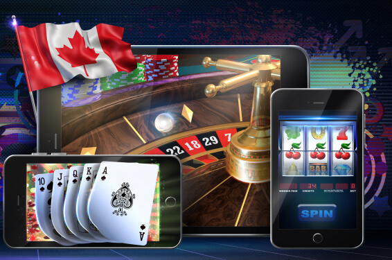 picture symbolizing gambling in canada: canadian flag, a deck of cards, a laptop and a smartphone with casino games displayed on the screens