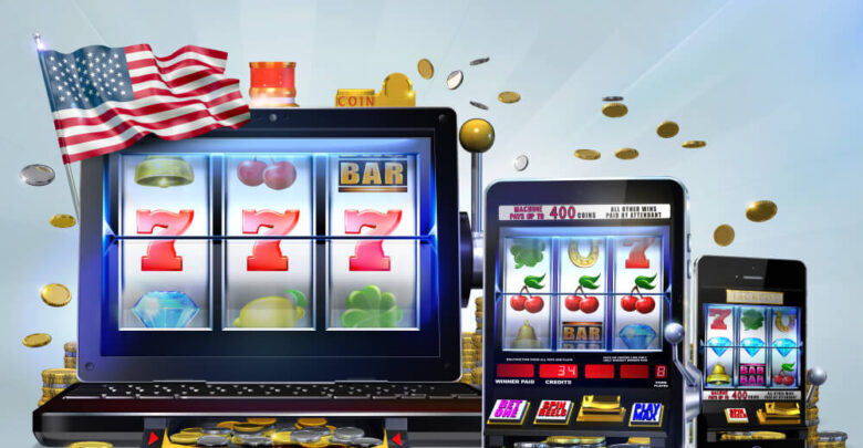 Gambling concept image suggesting the idea of playing on smartphones, tablets or laptops the online versions of video slots games on offer at United States-based casino sites. 3D Rendered Illustration