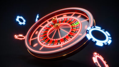 3 D concept of an online roulette wheel suspended on black background