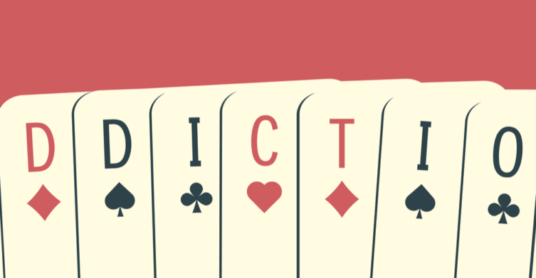 The word Addiction made of playing cards. Gambling addiction conceptual illustration. Clipping mask used.