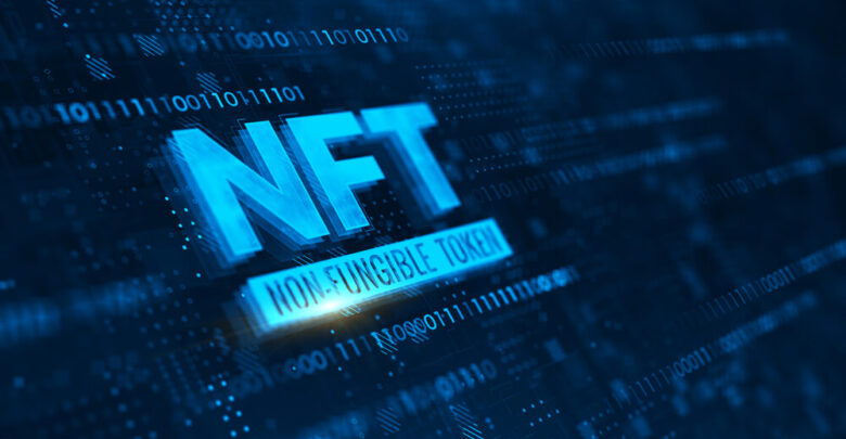 NFT nonfungible tokens concept on dark blue background. 3d rendering