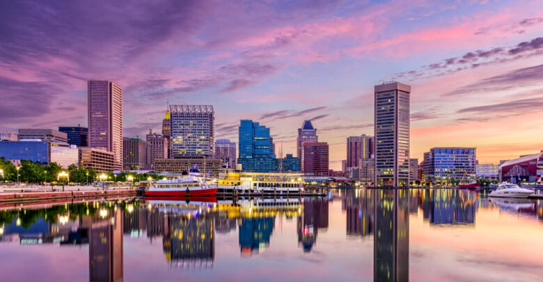 Baltimore, Maryland, USA skyline at the Inner Harbor.