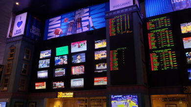 Sports betting board at the New York New York Casino and Hotel. Las Vegas, Nevada. March 14, 2021