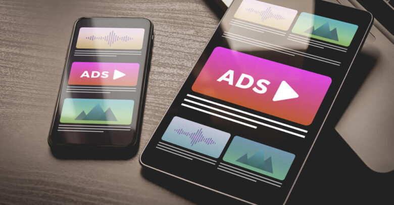 Programmatic Advertising concept. Youtube Online native targeting ads marketing strategy. Inbound Advertising media banner block when viewing a site on a mobile phone and tablet pc screens